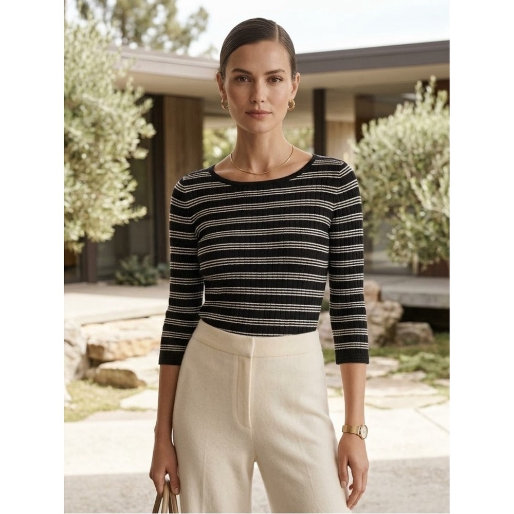 St. John Sport Wool Blend Striped Knit Top S Clean Neutral Minimalist Luxury